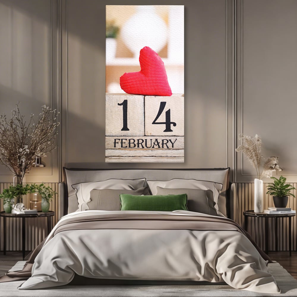 Tablou canvas cu tablou canvas cu data de paisprezece februarie, fara rama, pe sasiu de lemn, pe perete intr-un dormitor